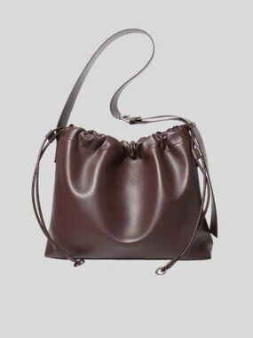 Late To Work Sage Large Drawstring Leather Shoulder Bag In Brown NWT
